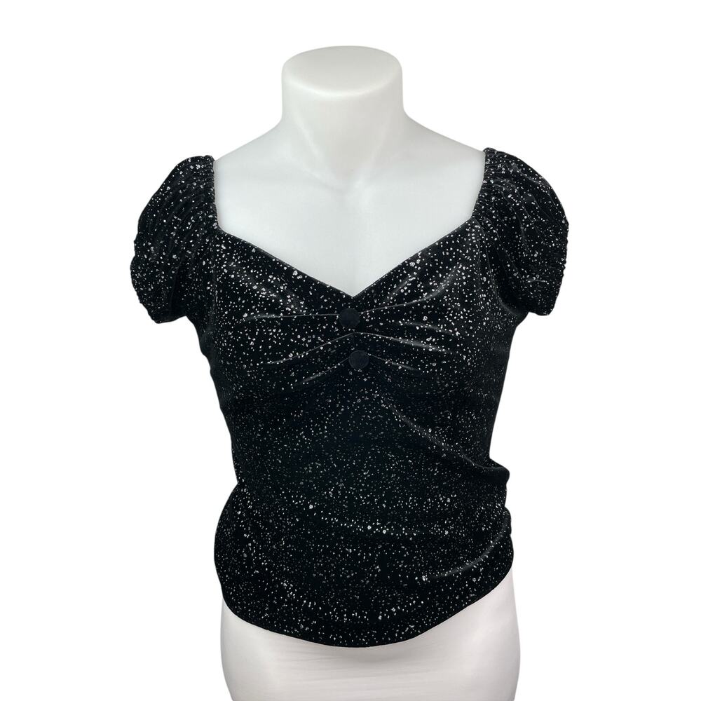 NEW Collectif Black Glitter Velvet Velour Short Sleeve Shirt Blouse Top Size 12
